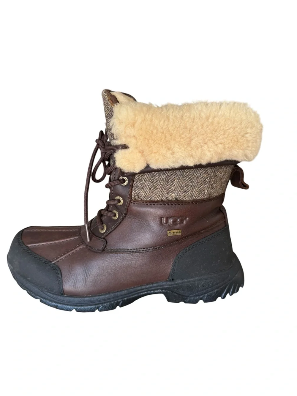 UGG Men’s Dark Brown Waterproof Leather Lace-Up Boots with Cream Shearling Cuff